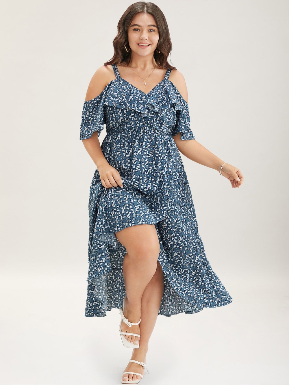 Ditsy Floral Pocket Ruffle Trim Wrap Cold Shoulder Dress